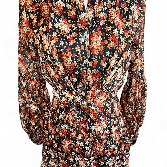 Aakaa floral long sleeve mini dress orange ruffle skirt fall autumn boho - Picture 3 of 10